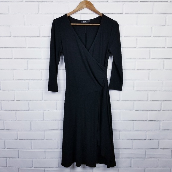 Womens‎ Long Sleeve Black Wrap Dress Size XS/S Midi V-Neck Career BMoss - Picture 2 of 9